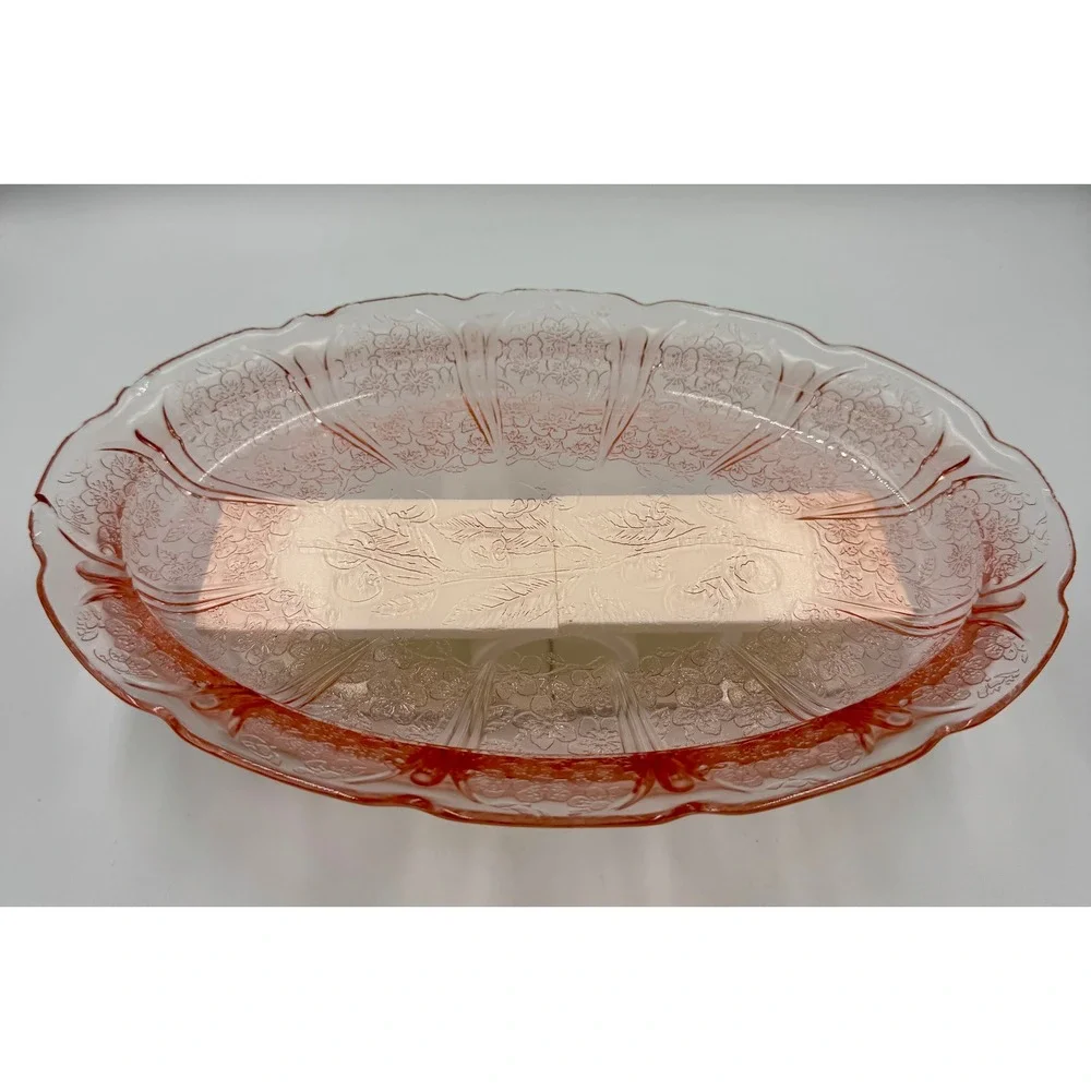 Jeannette Glass Cherry Blossom Pink Depression Glass Oval Serving Platter Bowl